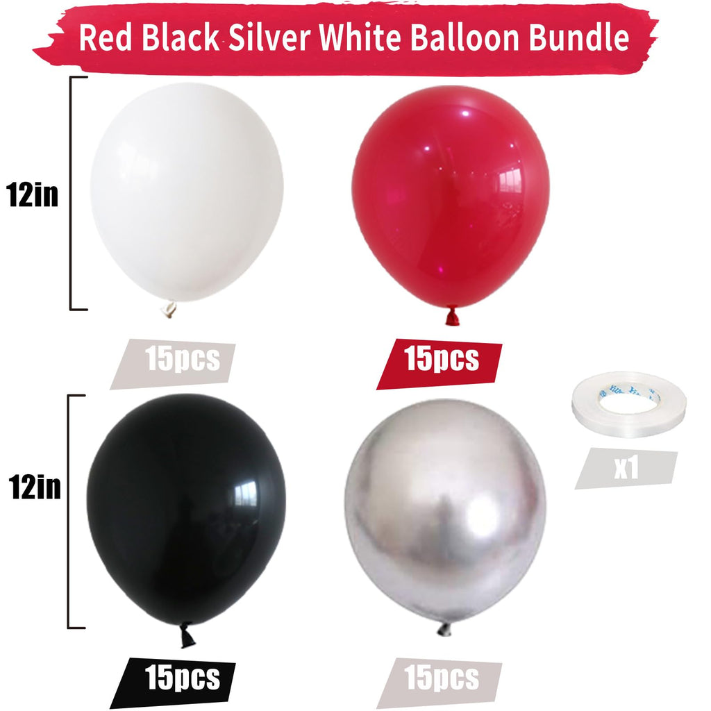 60-Piece Red, Black, White & Metallic Silver Balloon Set – 12 Inch Latex for Hero Theme Parties & Graduation