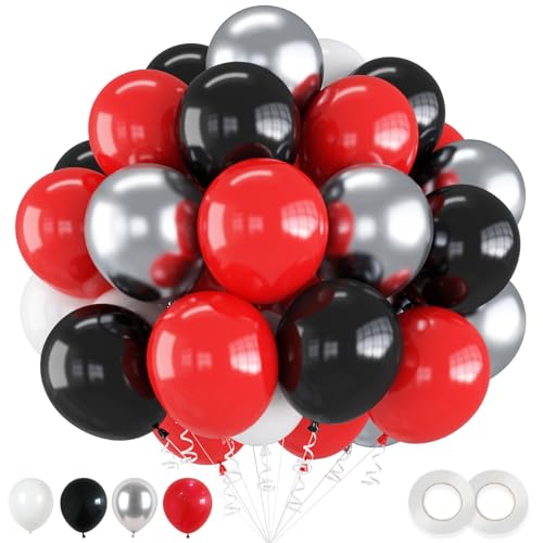 60-Piece Red, Black, White & Metallic Silver Balloon Set – 12 Inch Latex for Hero Theme Parties & Graduation