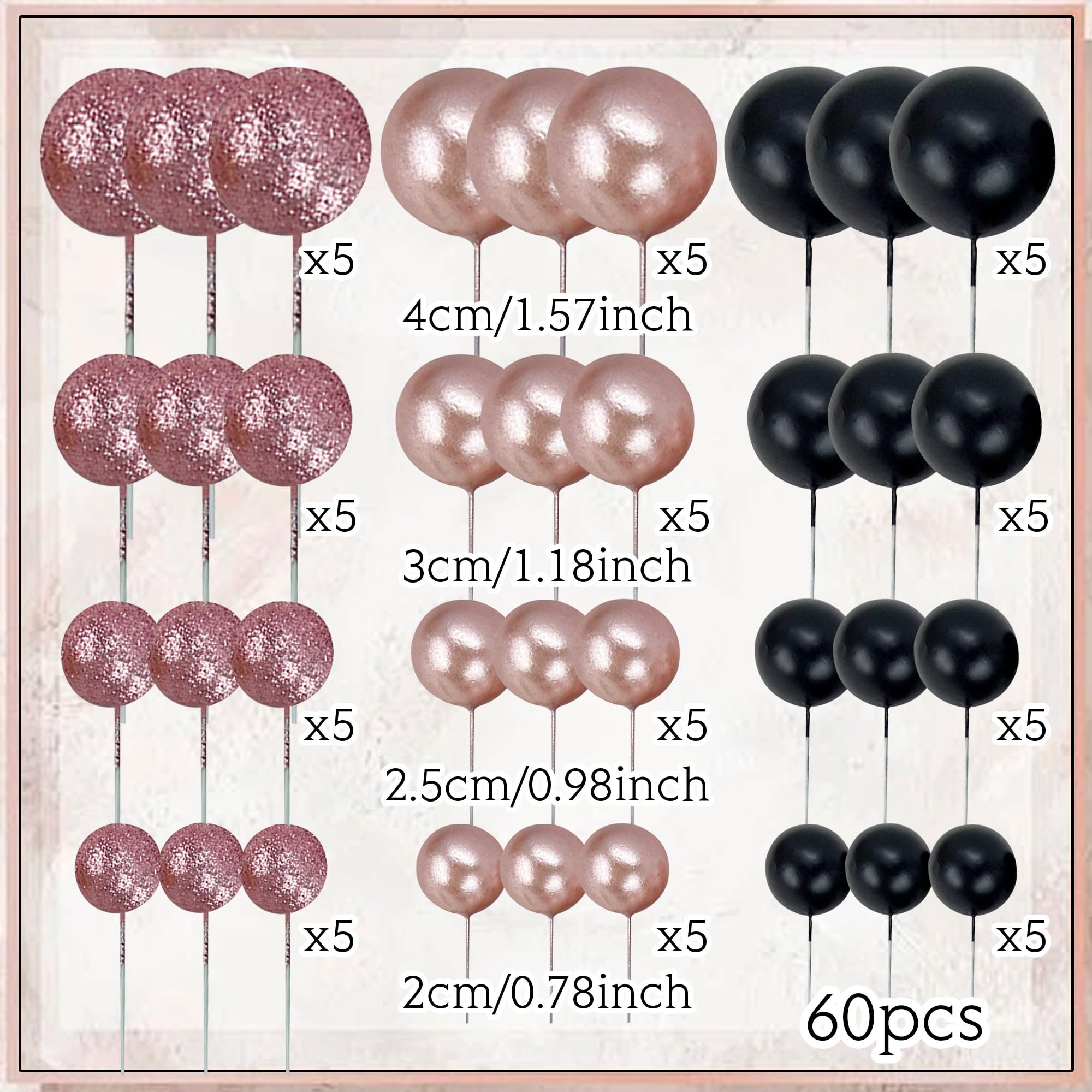 60-Piece Rose Gold & Black Cake Ball Topper Set for DIY Birthday Wedding Decor