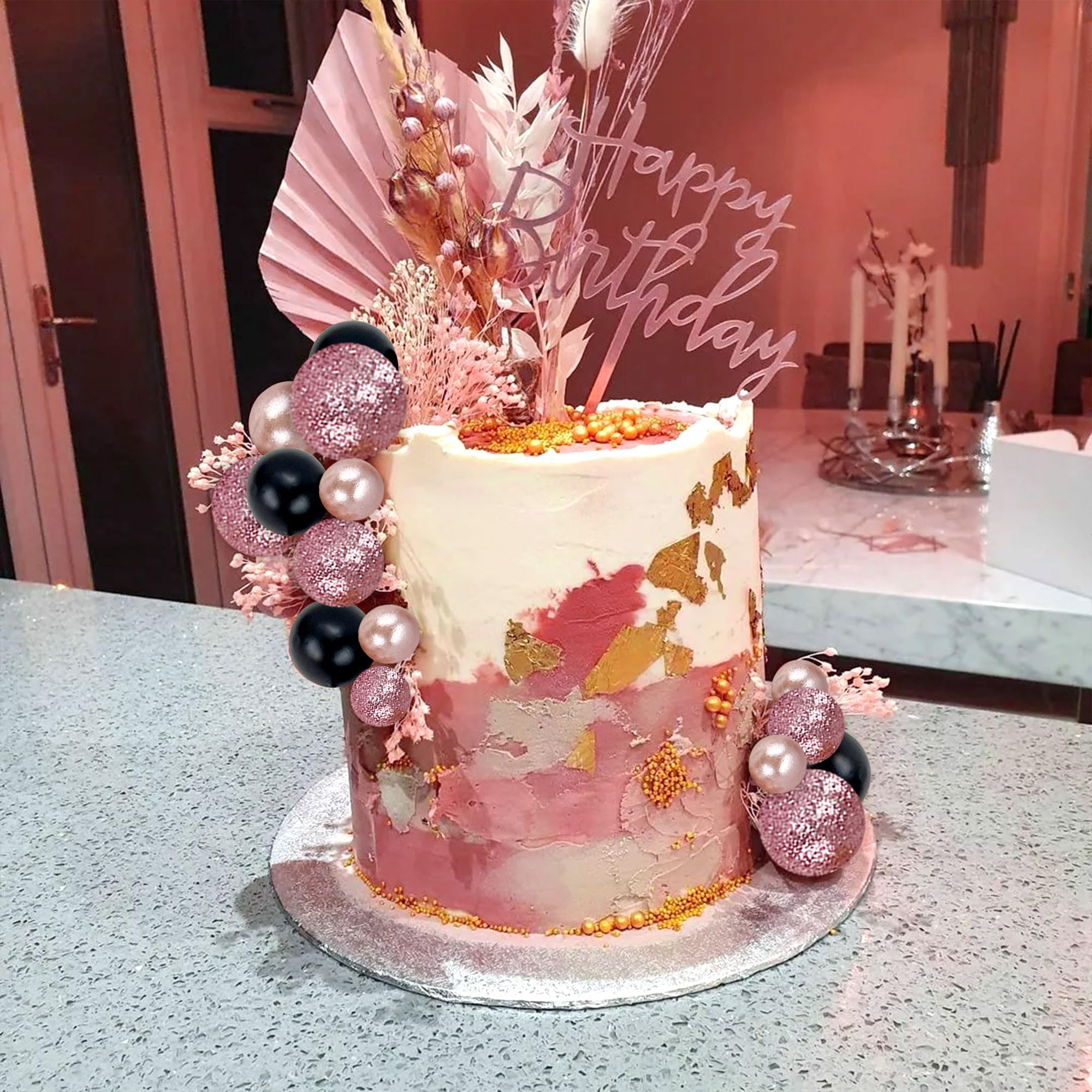 60-Piece Rose Gold & Black Cake Ball Topper Set for DIY Birthday Wedding Decor