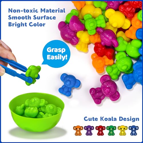 60 Rainbow Koala Counters with Sorting Bowls and Tweezers – Counting Toys for Toddlers Ages 3-6