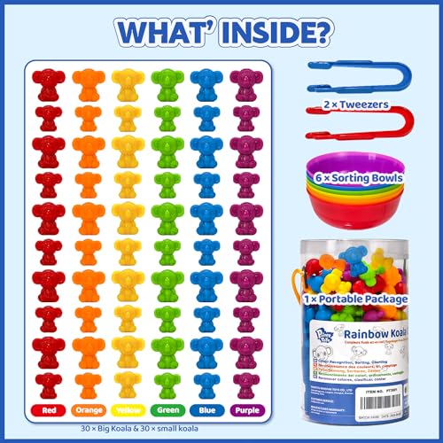 60 Rainbow Koala Counters with Sorting Bowls and Tweezers – Counting Toys for Toddlers Ages 3-6
