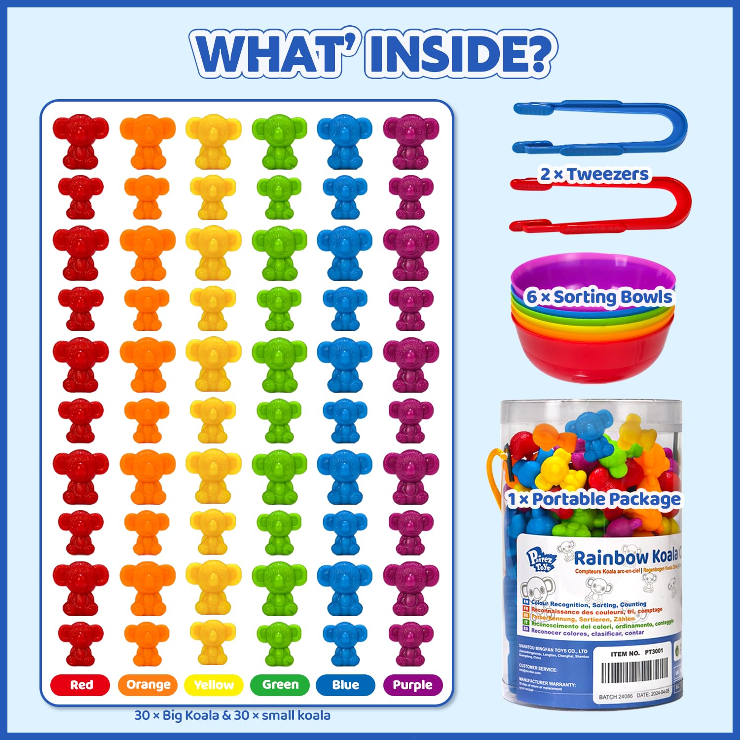 60 Rainbow Koala Counters with Sorting Bowls and Tweezers – Counting Toys for Toddlers Ages 3-6