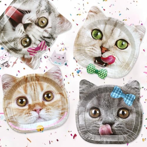 60 Real Cat Paper Plates for Birthday Party - Cute Cat Patterns, Disposable, 6 Designs