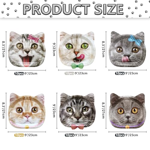 60 Real Cat Paper Plates for Birthday Party - Cute Cat Patterns, Disposable, 6 Designs