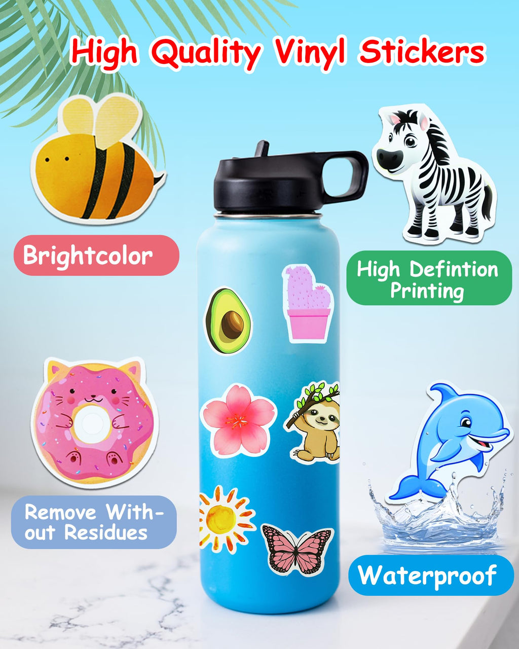 600 Pcs Water Bottle Stickers for Kids, Cute Vinyl Waterproof Laptop Sticker Pack – No Duplicates, Reusable
