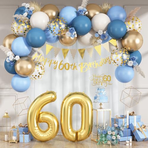 60th Birthday Decorations Dusty Blue Gold Set – 36 Pieces with Banner, Bunting, Balloons & Cake Topper
