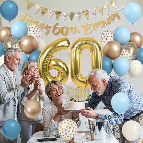 60th Birthday Decorations Dusty Blue Gold Set – 36 Pieces with Banner, Bunting, Balloons & Cake Topper