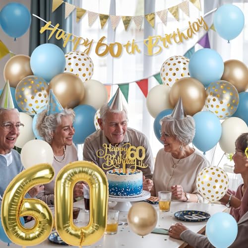 60th Birthday Decorations Dusty Blue Gold Set – 36 Pieces with Banner, Bunting, Balloons & Cake Topper