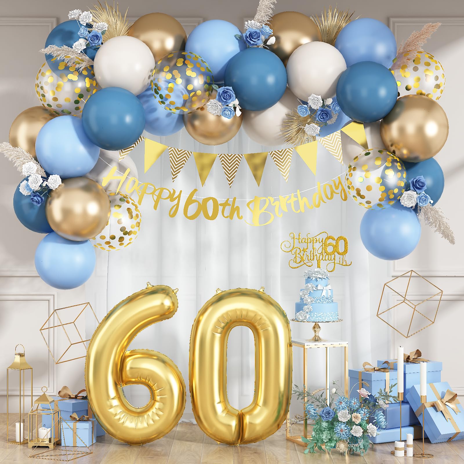 60th Birthday Decorations Dusty Blue Gold Set – 36 Pieces with Banner, Bunting, Balloons & Cake Topper