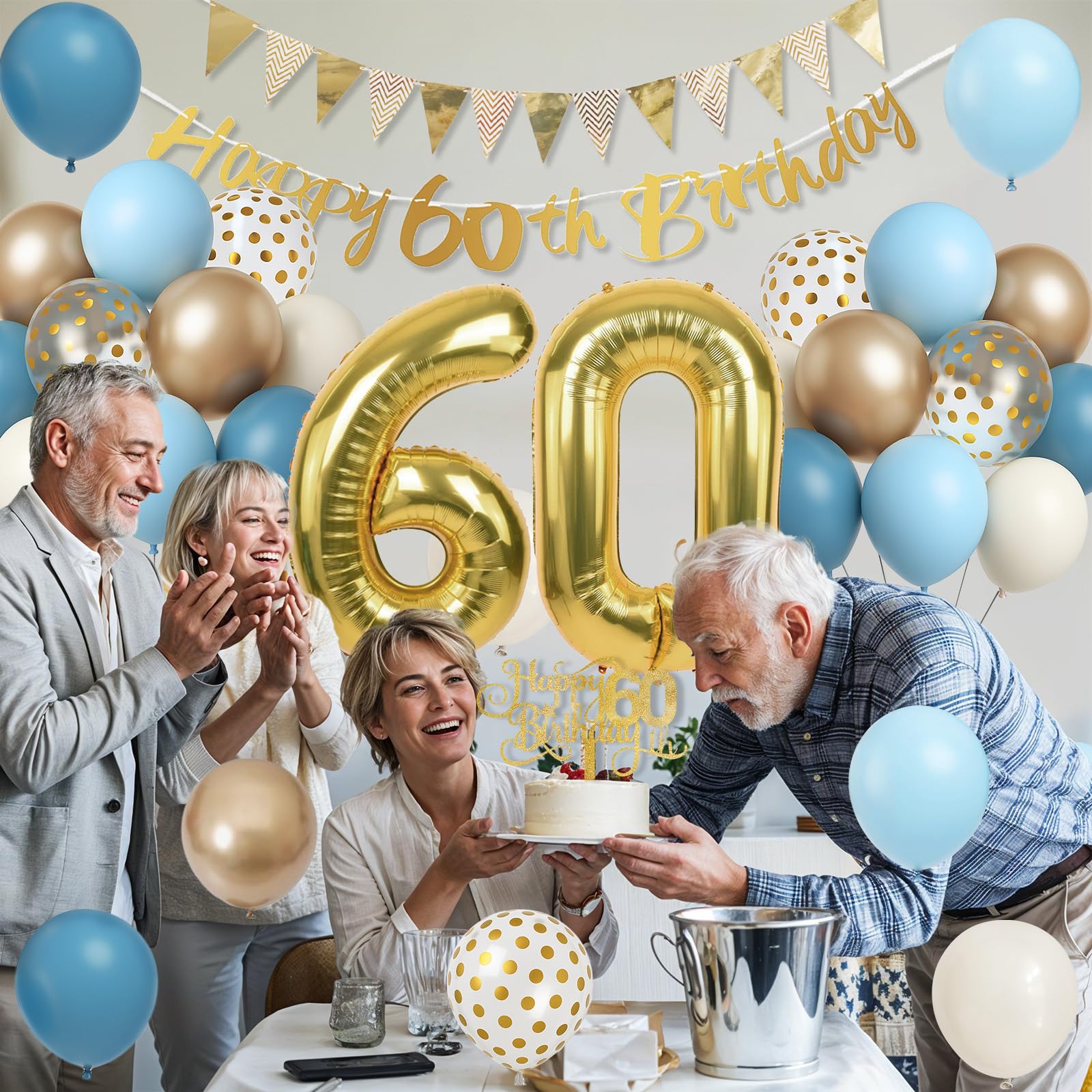 60th Birthday Decorations Dusty Blue Gold Set – 36 Pieces with Banner, Bunting, Balloons & Cake Topper