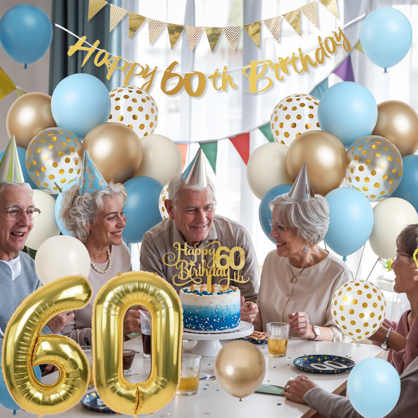 60th Birthday Decorations Dusty Blue Gold Set – 36 Pieces with Banner, Bunting, Balloons & Cake Topper