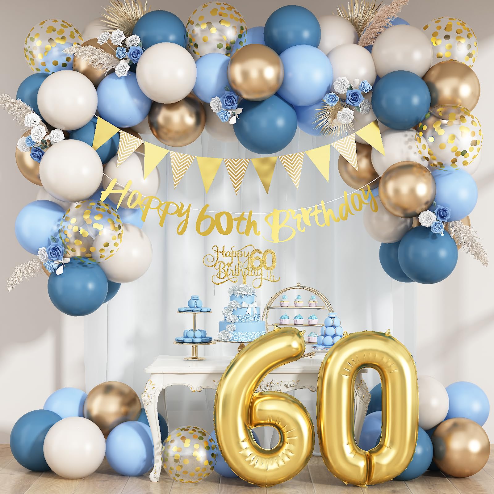 60th Birthday Decorations Dusty Blue Gold Set – 36 Pieces with Banner, Bunting, Balloons & Cake Topper