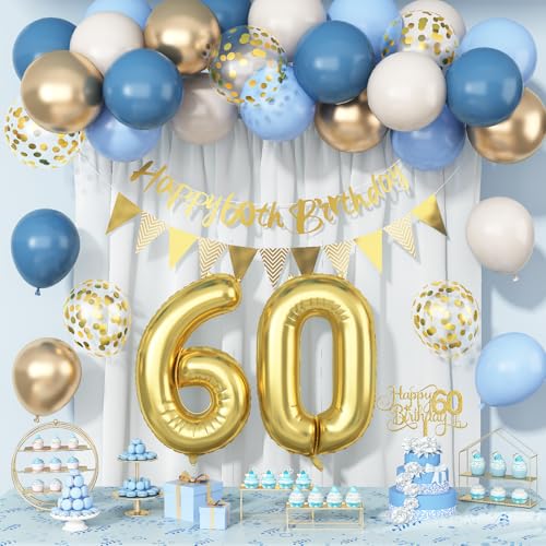60th Birthday Decorations Dusty Blue Gold Set – 36 Pieces with Banner, Bunting, Balloons & Cake Topper