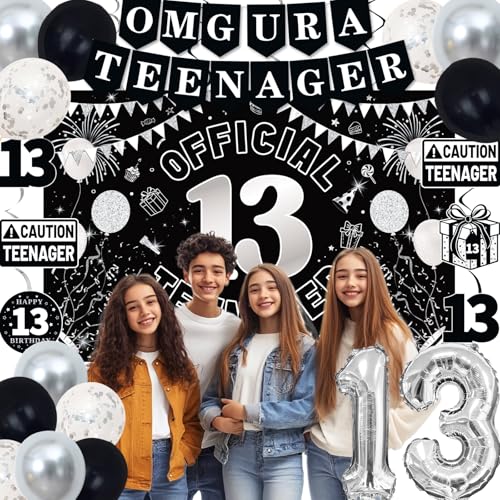 TAOTOSUNE 13th Birthday Decorations Kit for Teens – Black White Silver Theme with Banner, Backdrop, Foil Balloons, and More