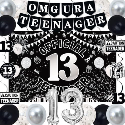 TAOTOSUNE 13th Birthday Decorations Kit for Teens – Black White Silver Theme with Banner, Backdrop, Foil Balloons, and More
