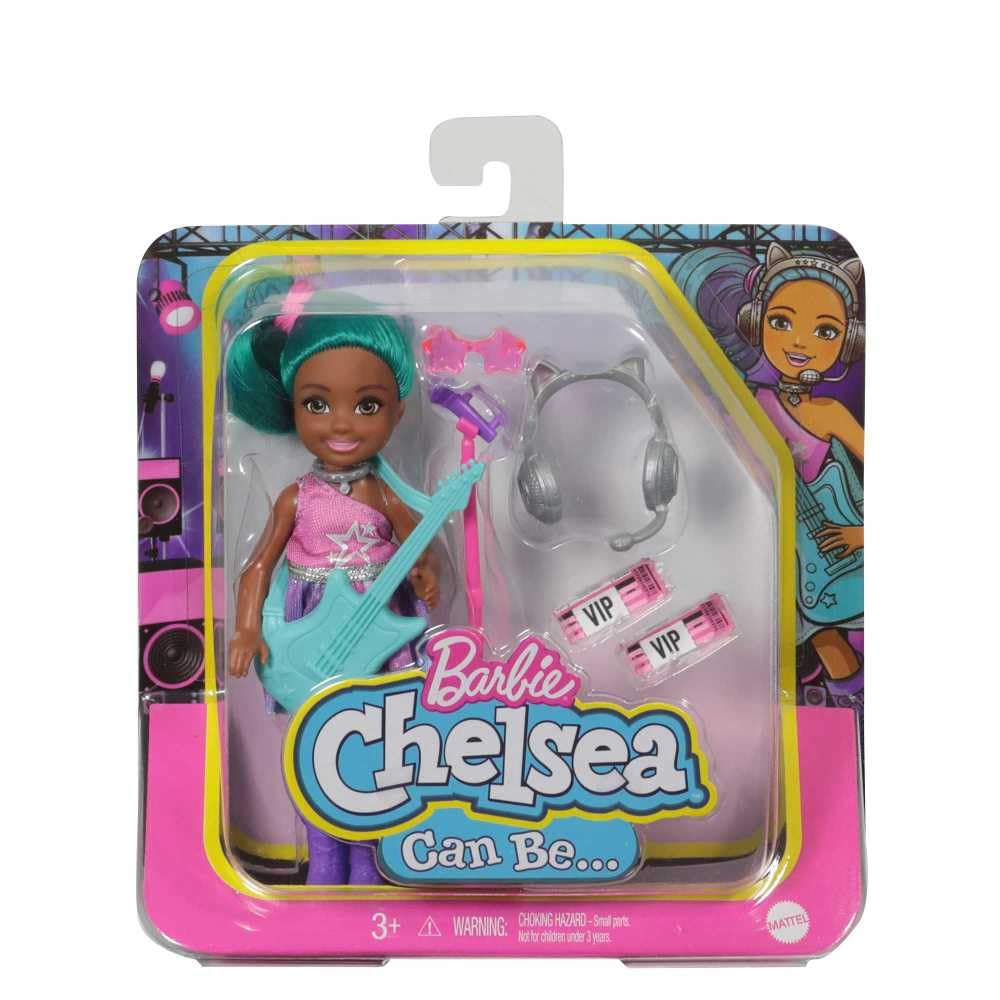 Barbie Chelsea Rockstar Playset – 6-in Brunette Doll with Guitar, Microphone, Headphones, VIP Tickets & Star Glasses, Gift for Ages 3+