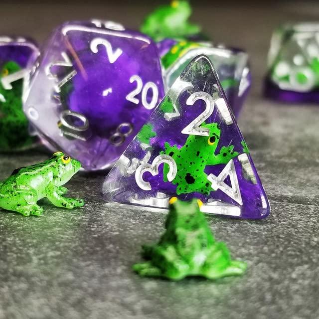 Sage's Portal Frog Familiar Resin Polyhedral Dice Set – D&D RPG Dice with Green Frog Inclusions
