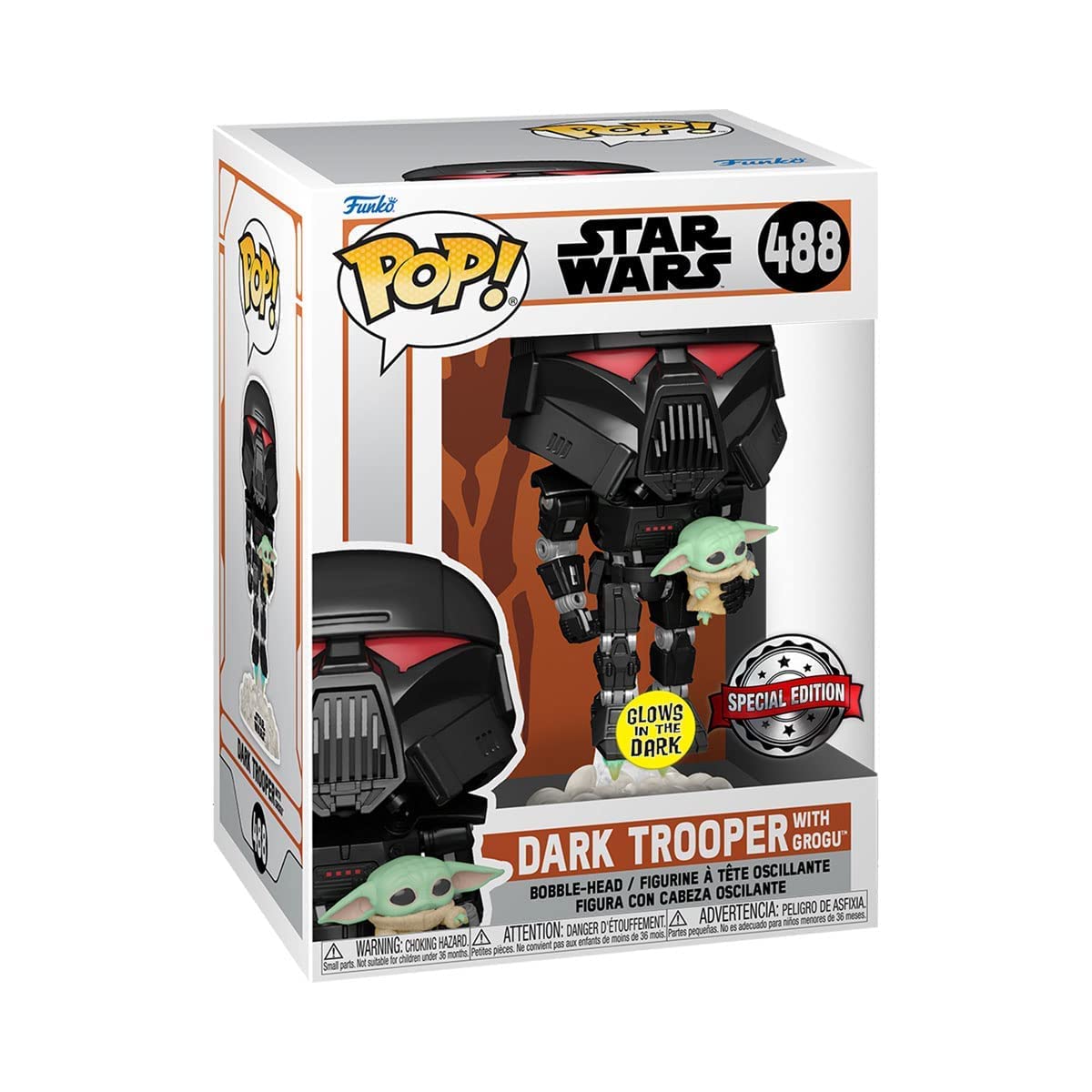 Funko Pop! Star Wars: The Mandalorian – Dark Trooper with Grogu #488 (Glow-in-the-Dark Exclusive)