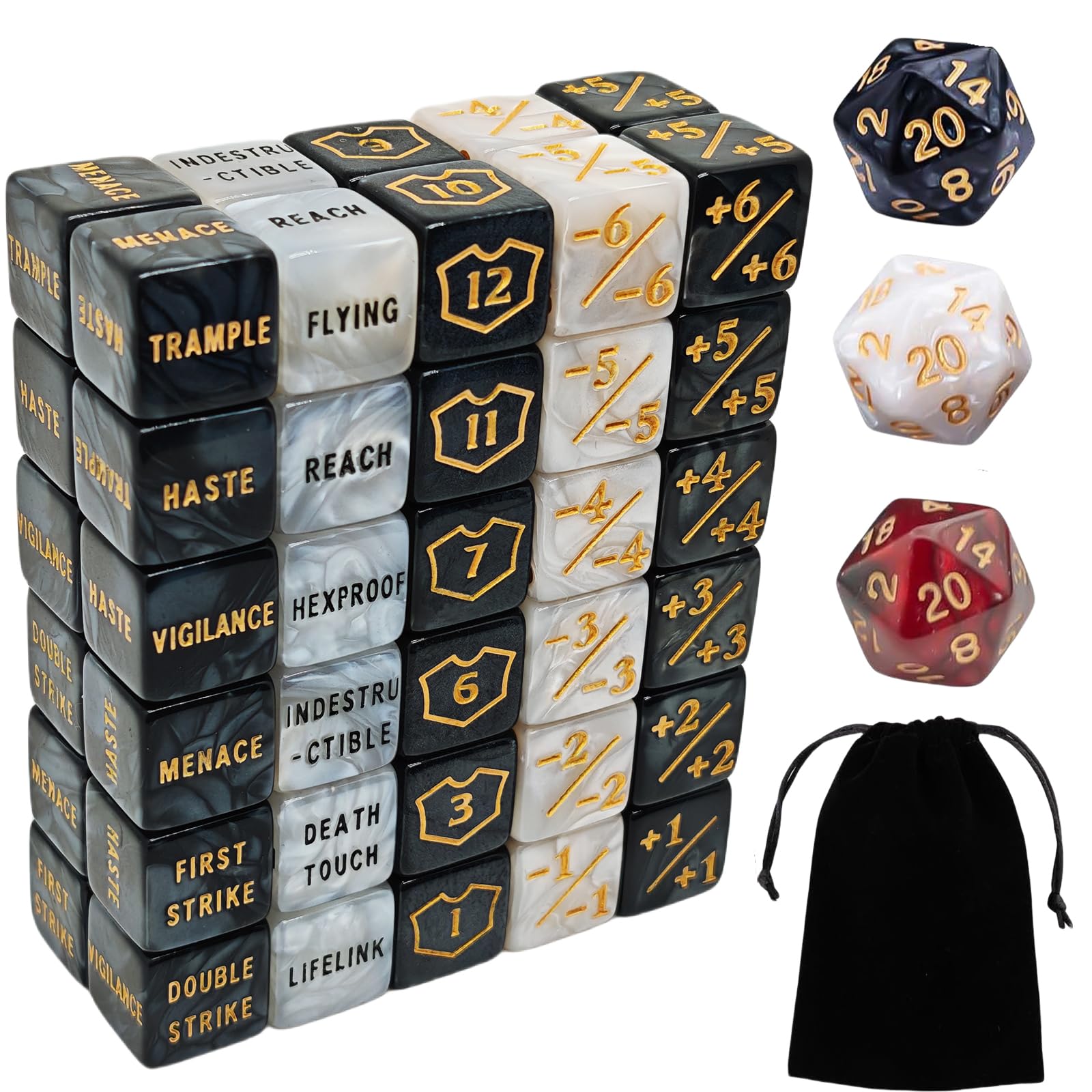 63-Piece MTG Counter Dice Set: Keyword Dice, +/- Counters, Shield Dice & D20 – Acrylic Marble Dice for Magic: The Gathering & TCGs