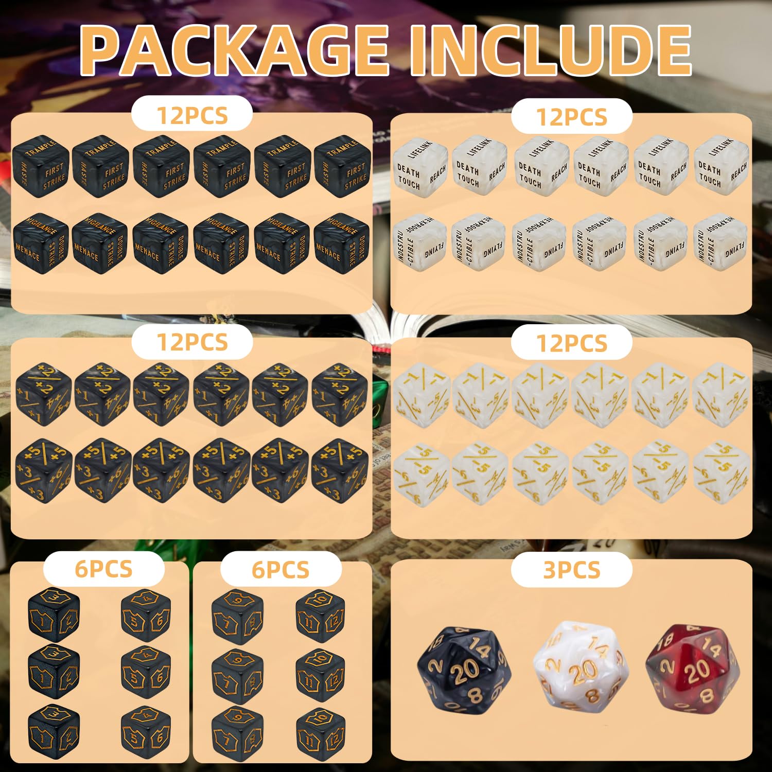 63-Piece MTG Counter Dice Set: Keyword Dice, +/- Counters, Shield Dice & D20 – Acrylic Marble Dice for Magic: The Gathering & TCGs