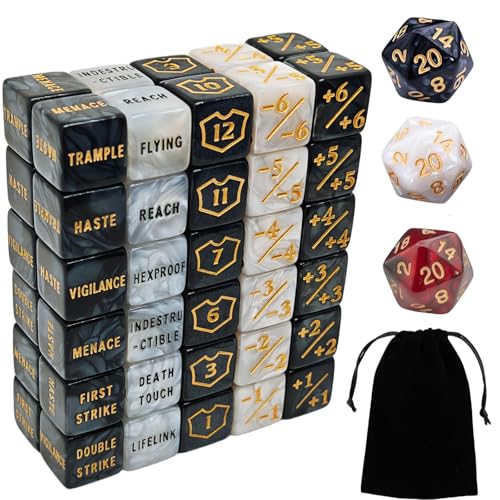 63-Piece MTG Counter Dice Set: Keyword Dice, +/- Counters, Shield Dice & D20 – Acrylic Marble Dice for Magic: The Gathering & TCGs