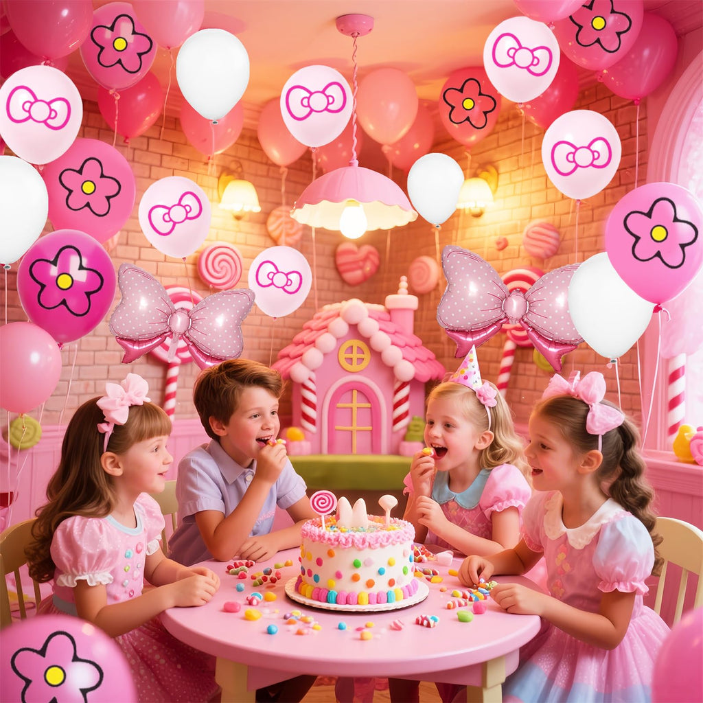 64-Pack Pink Bow & Confetti Balloons - 12 Inch Cartoon Birthday Party Decorations