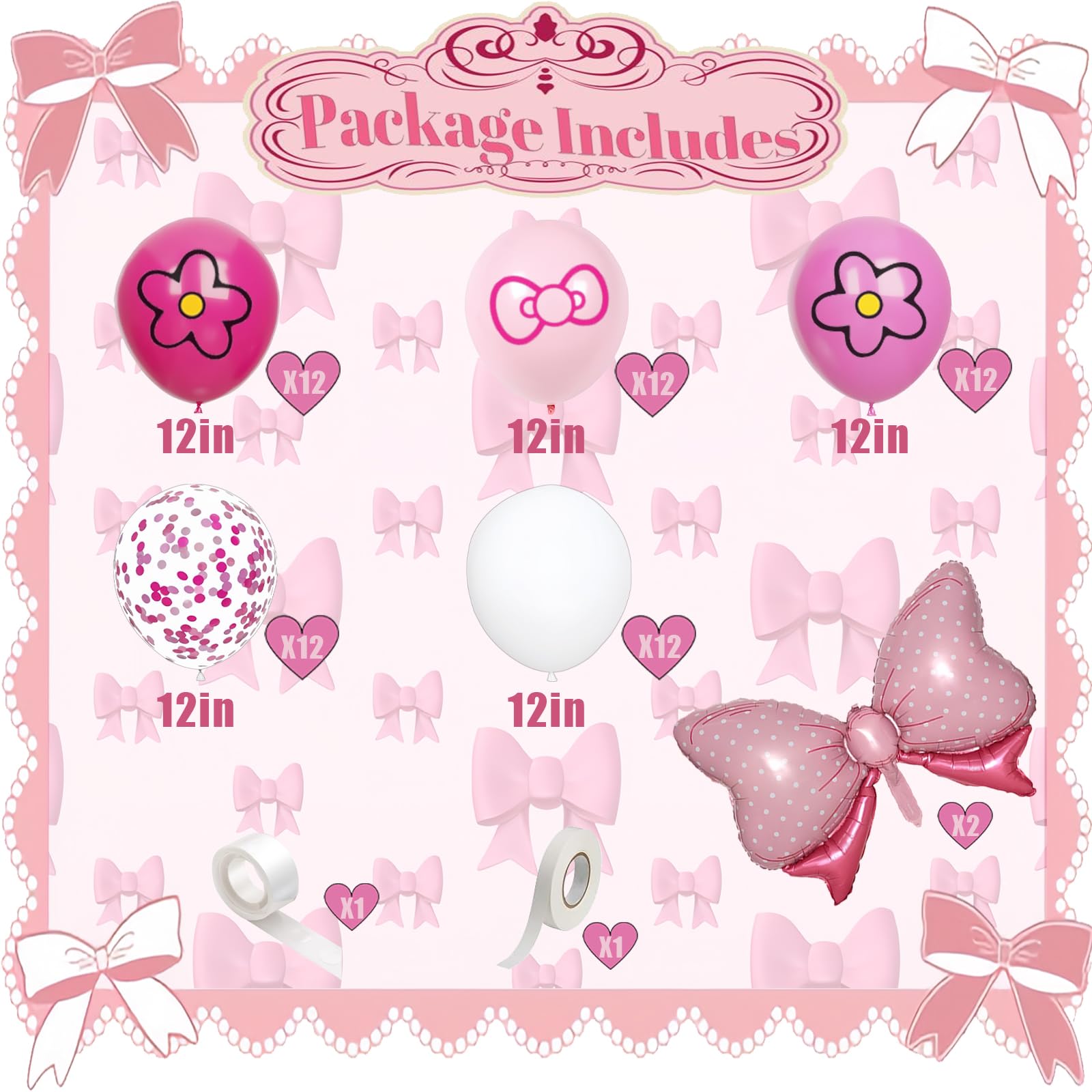 64-Pack Pink Bow & Confetti Balloons - 12 Inch Cartoon Birthday Party Decorations