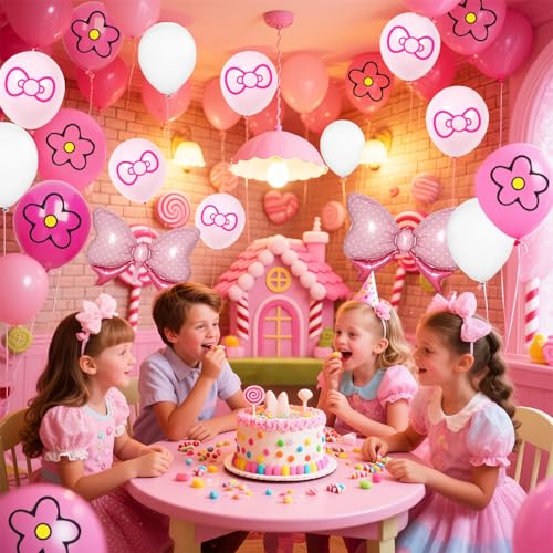 64-Pack Pink Bow & Confetti Balloons - 12 Inch Cartoon Birthday Party Decorations