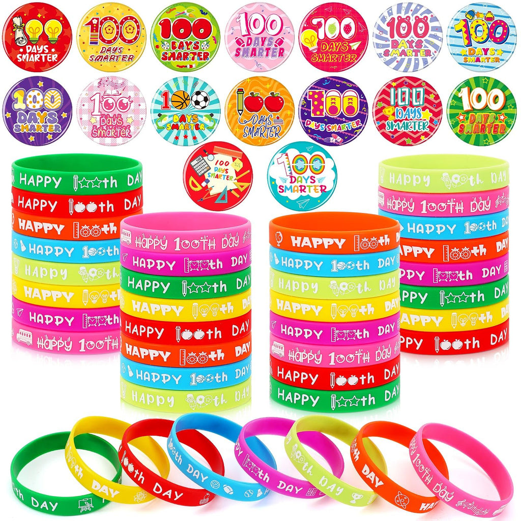 64-Piece 100th Day of School Party Favors: 32 Badge Pins and 32 Silicone Bracelets for Classroom Celebrations