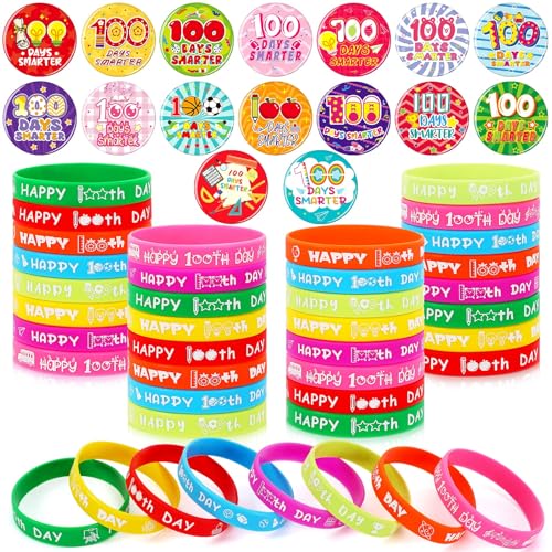64-Piece 100th Day of School Party Favors: 32 Badge Pins and 32 Silicone Bracelets for Classroom Celebrations