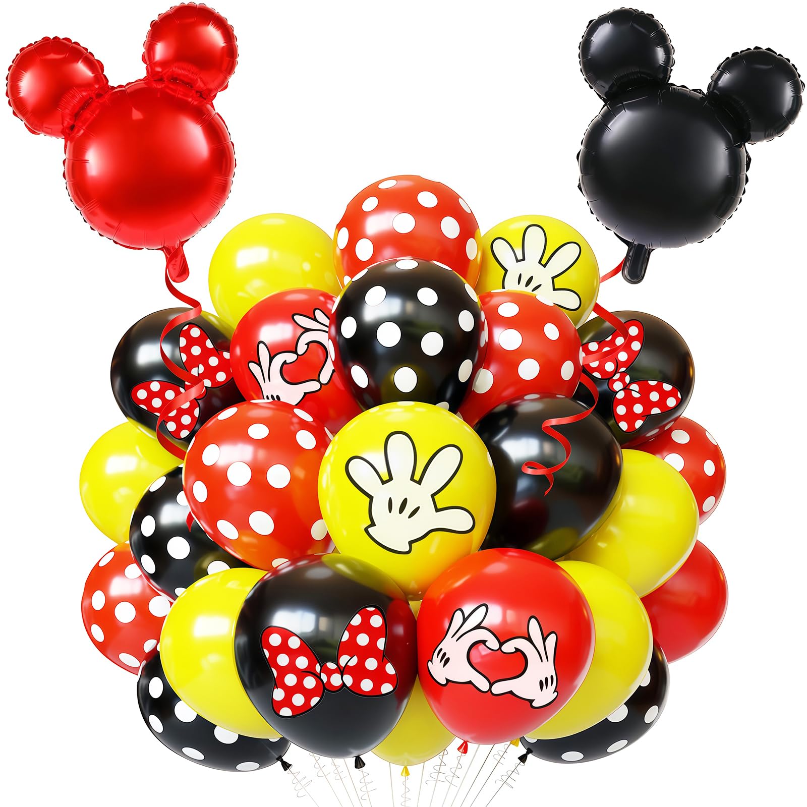 64-Piece Cartoon Themed Balloon Kit - Black Red Yellow 12 Inch Latex Balloons with Mouse Foil Balloons for Birthday Party Decorations