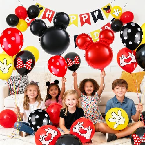 64-Piece Cartoon Themed Balloon Kit - Black Red Yellow 12 Inch Latex Balloons with Mouse Foil Balloons for Birthday Party Decorations