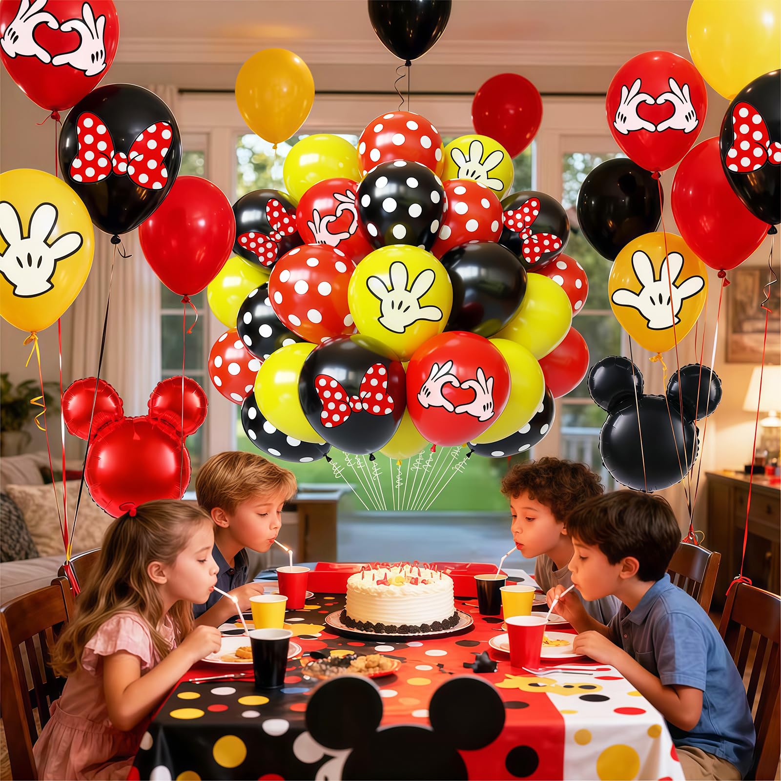 64-Piece Cartoon Themed Balloon Kit - Black Red Yellow 12 Inch Latex Balloons with Mouse Foil Balloons for Birthday Party Decorations