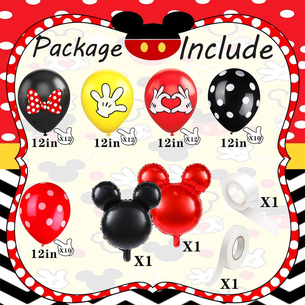 64-Piece Cartoon Themed Balloon Kit - Black Red Yellow 12 Inch Latex Balloons with Mouse Foil Balloons for Birthday Party Decorations
