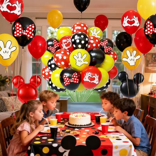64-Piece Cartoon Themed Balloon Kit - Black Red Yellow 12 Inch Latex Balloons with Mouse Foil Balloons for Birthday Party Decorations