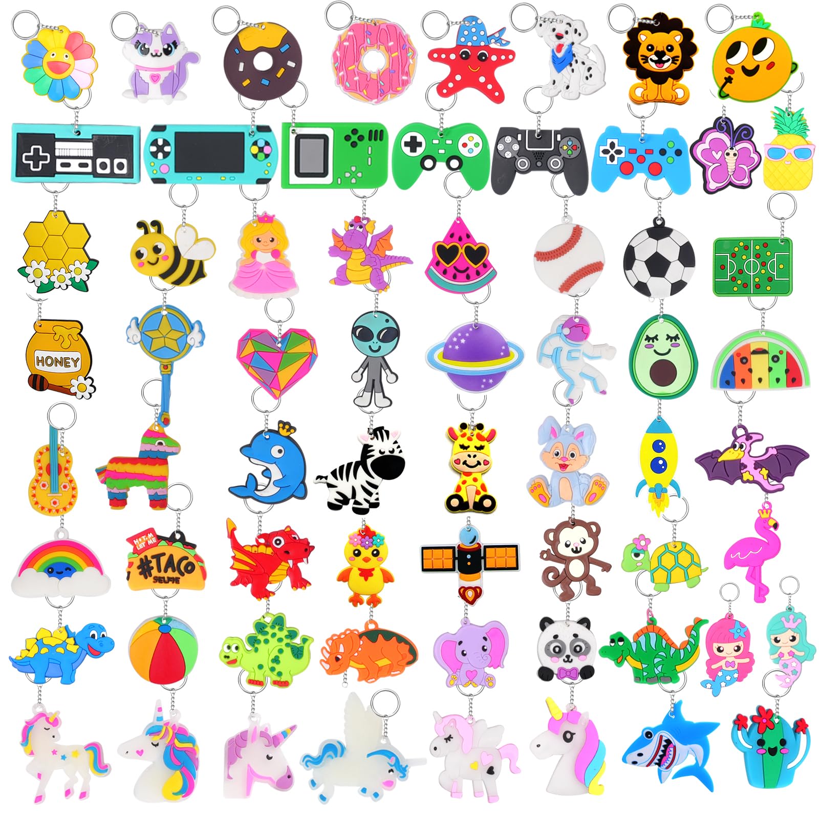 65 Large Keychain Charms Party Favors for Kids - Video Game, Animal, Mermaid, Dinosaur, Ball, Donut, Fruit Themes