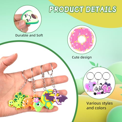 65 Large Keychain Charms Party Favors for Kids - Video Game, Animal, Mermaid, Dinosaur, Ball, Donut, Fruit Themes