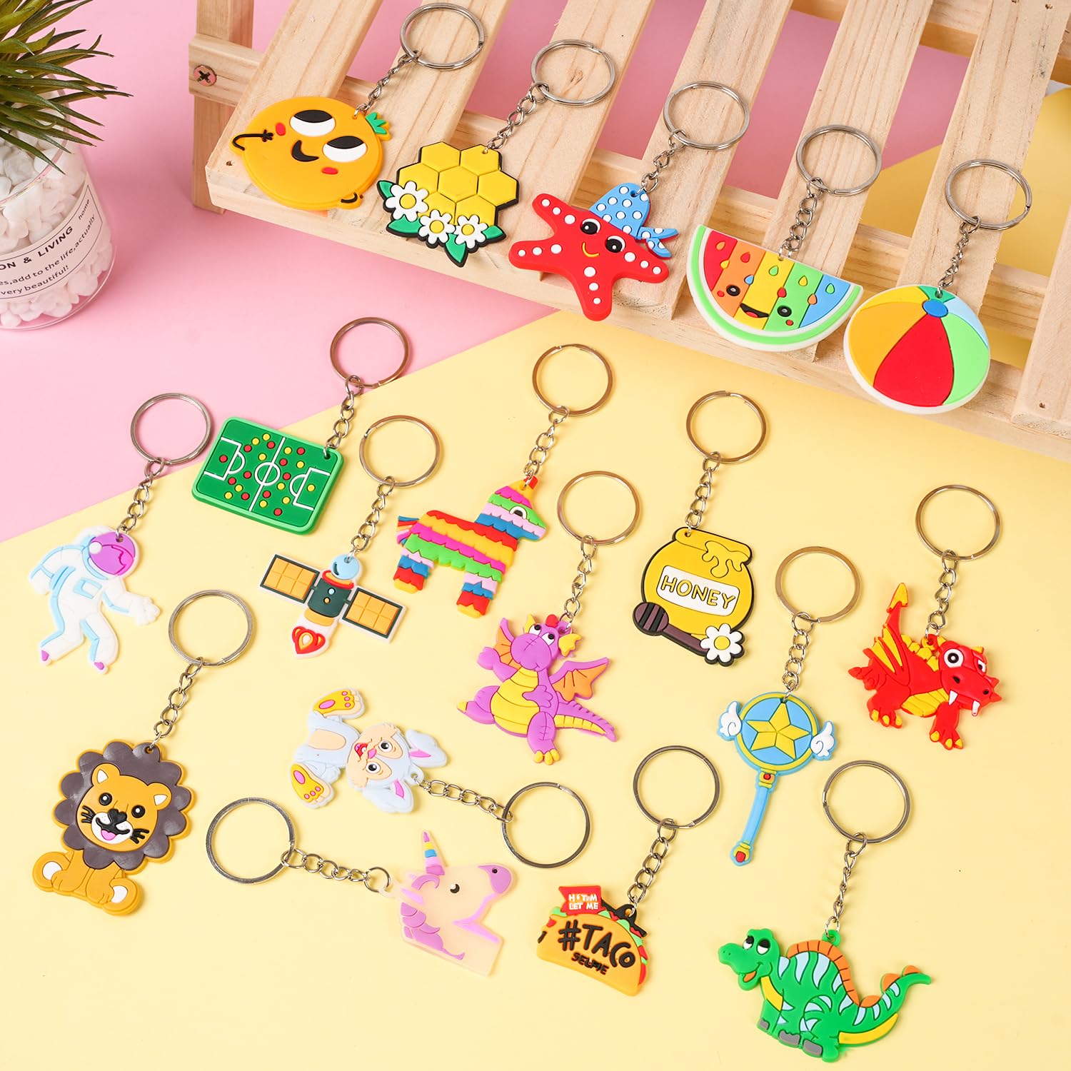 65 Large Keychain Charms Party Favors for Kids - Video Game, Animal, Mermaid, Dinosaur, Ball, Donut, Fruit Themes