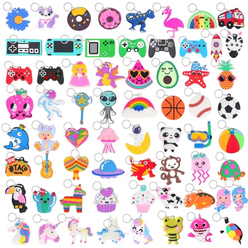65 Large-Sized Keychain Charms for Kids Party Favors – Assorted Themes Like Video Game, Animal, Mermaid & More – Soft Rubber, BPA Free, Goodie Bag Fillers