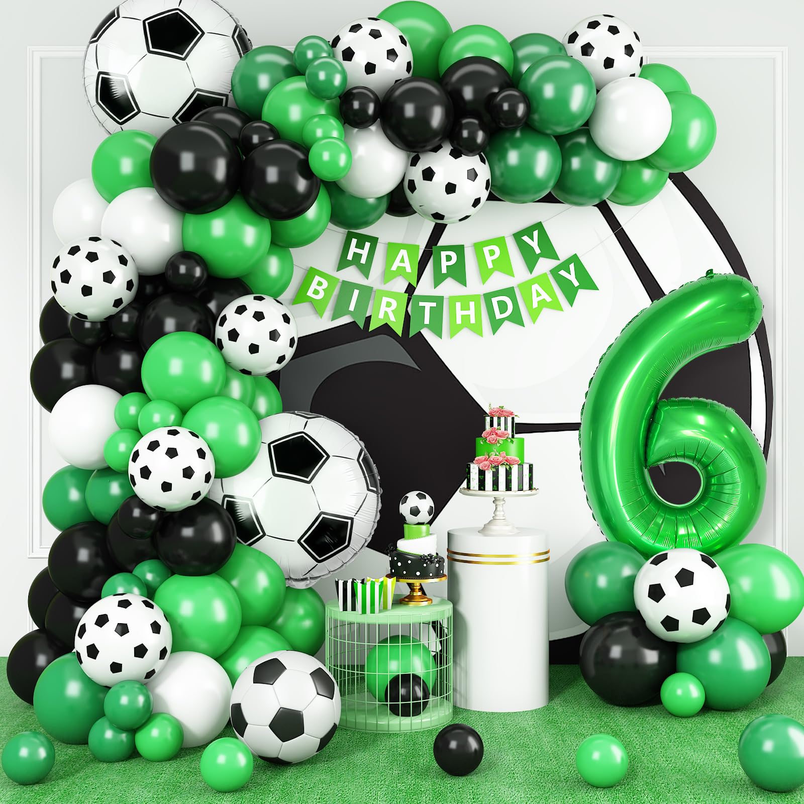 6th Birthday Soccer Balloon Arch Kit – Green Number 6 Foil Balloon & Latex Football Balloons for Boys Soccer Party Decorations