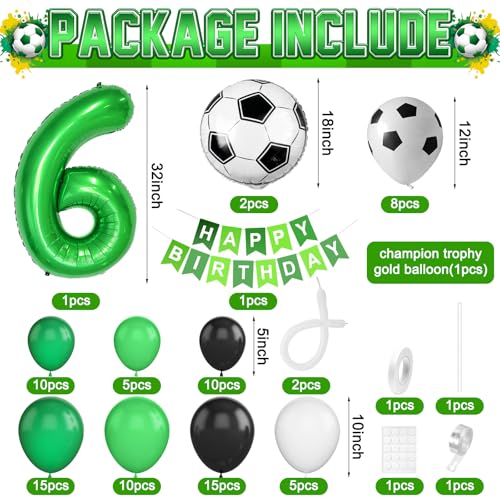6th Birthday Soccer Balloon Arch Kit – Green Number 6 Foil Balloon & Latex Football Balloons for Boys Soccer Party Decorations