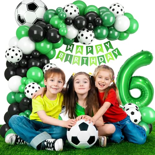 6th Birthday Soccer Balloon Arch Kit – Green Number 6 Foil Balloon & Latex Football Balloons for Boys Soccer Party Decorations