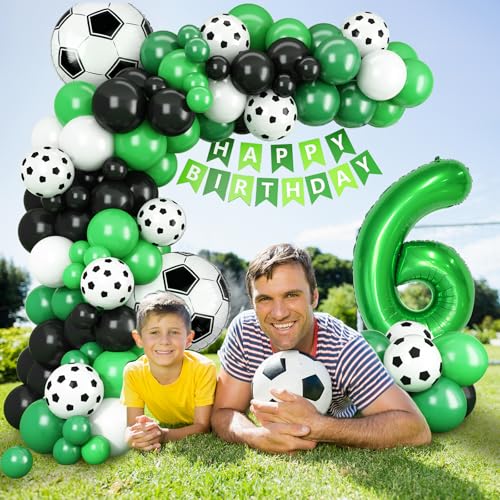6th Birthday Soccer Balloon Arch Kit – Green Number 6 Foil Balloon & Latex Football Balloons for Boys Soccer Party Decorations