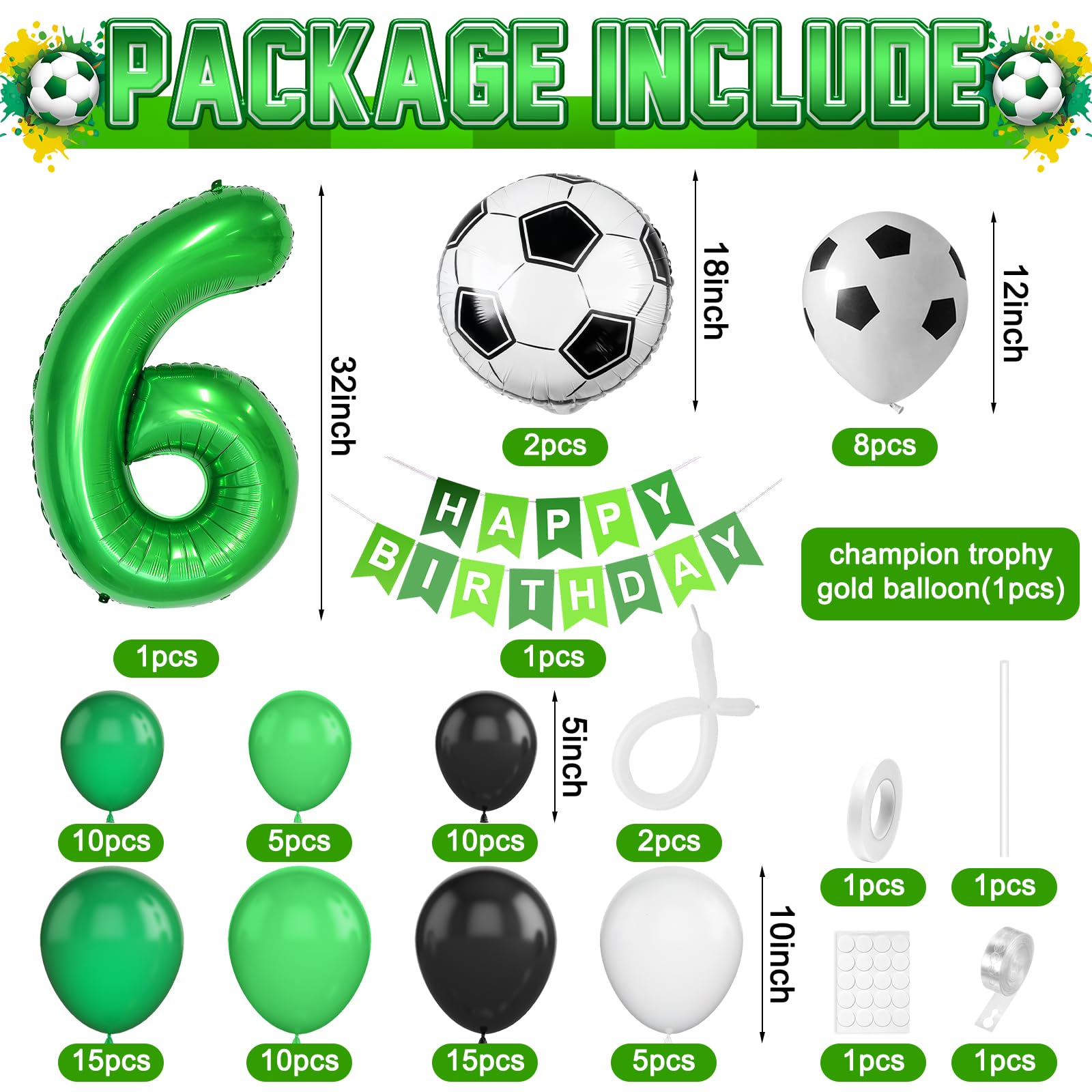 6th Birthday Soccer Balloon Arch Kit – Green Number 6 Foil Balloon & Latex Football Balloons for Boys Soccer Party Decorations