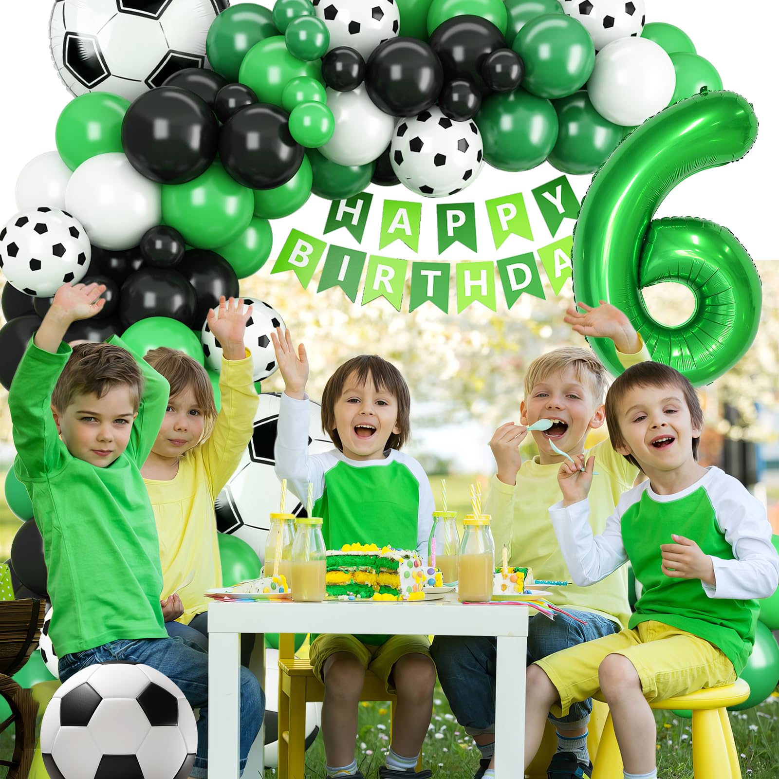 6th Birthday Soccer Balloon Arch Kit – Green Number 6 Foil Balloon & Latex Football Balloons for Boys Soccer Party Decorations