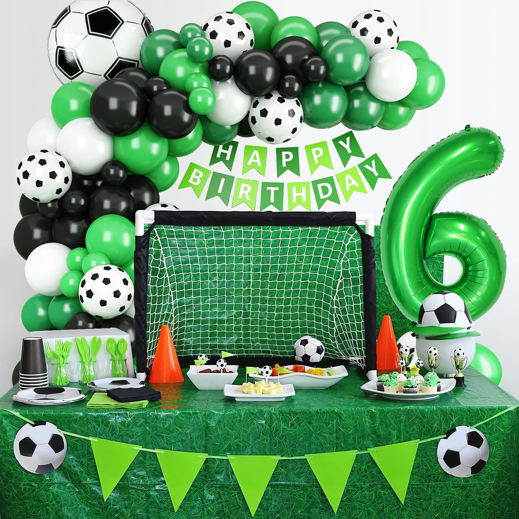 6th Birthday Soccer Balloon Arch Kit – Green Number 6 Foil Balloon & Latex Football Balloons for Boys Soccer Party Decorations