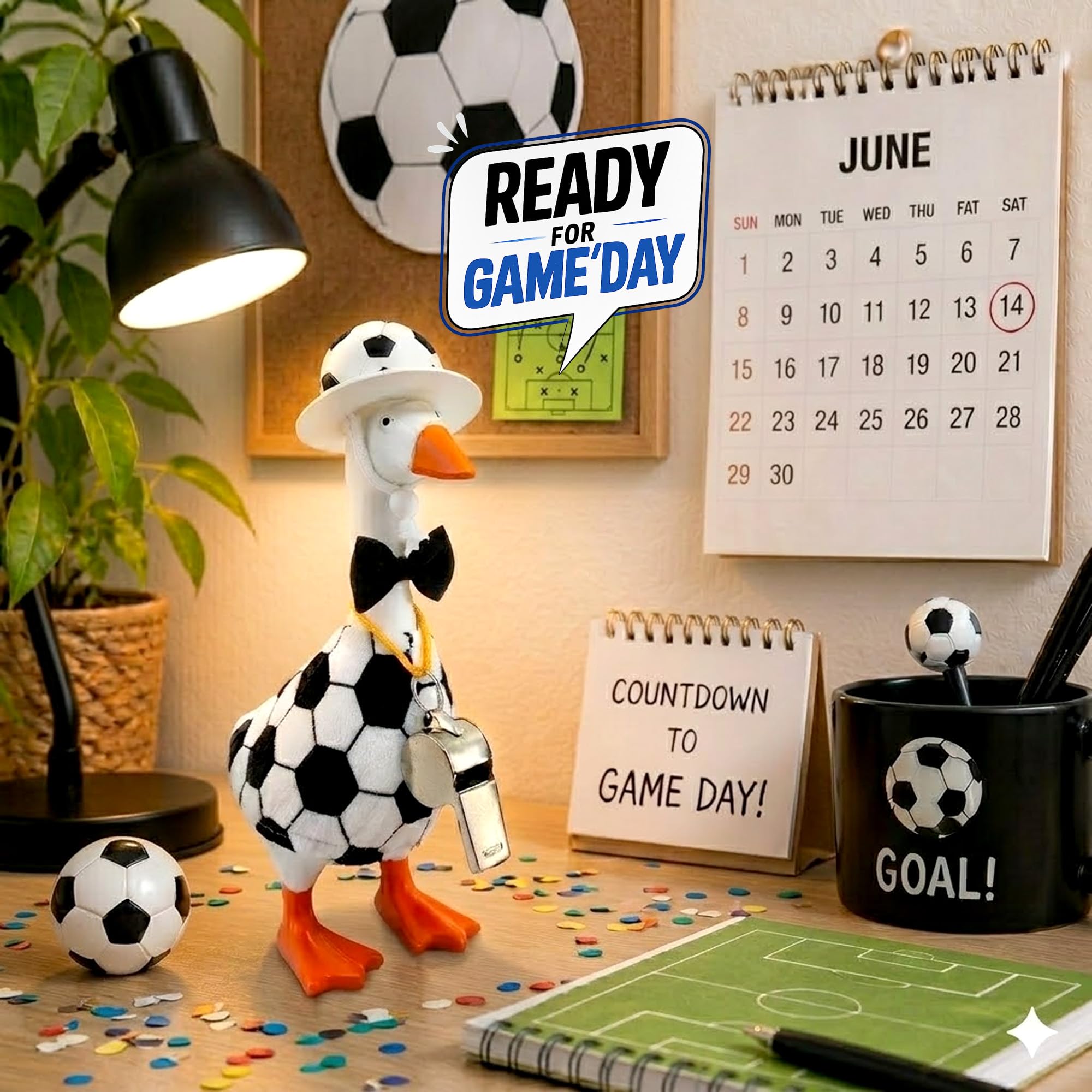 7 Inch Desk Goose Soccer Outfit Set - Includes Jersey, Hat, Whistle & Bow Tie for Mini Porch Goose Figurines