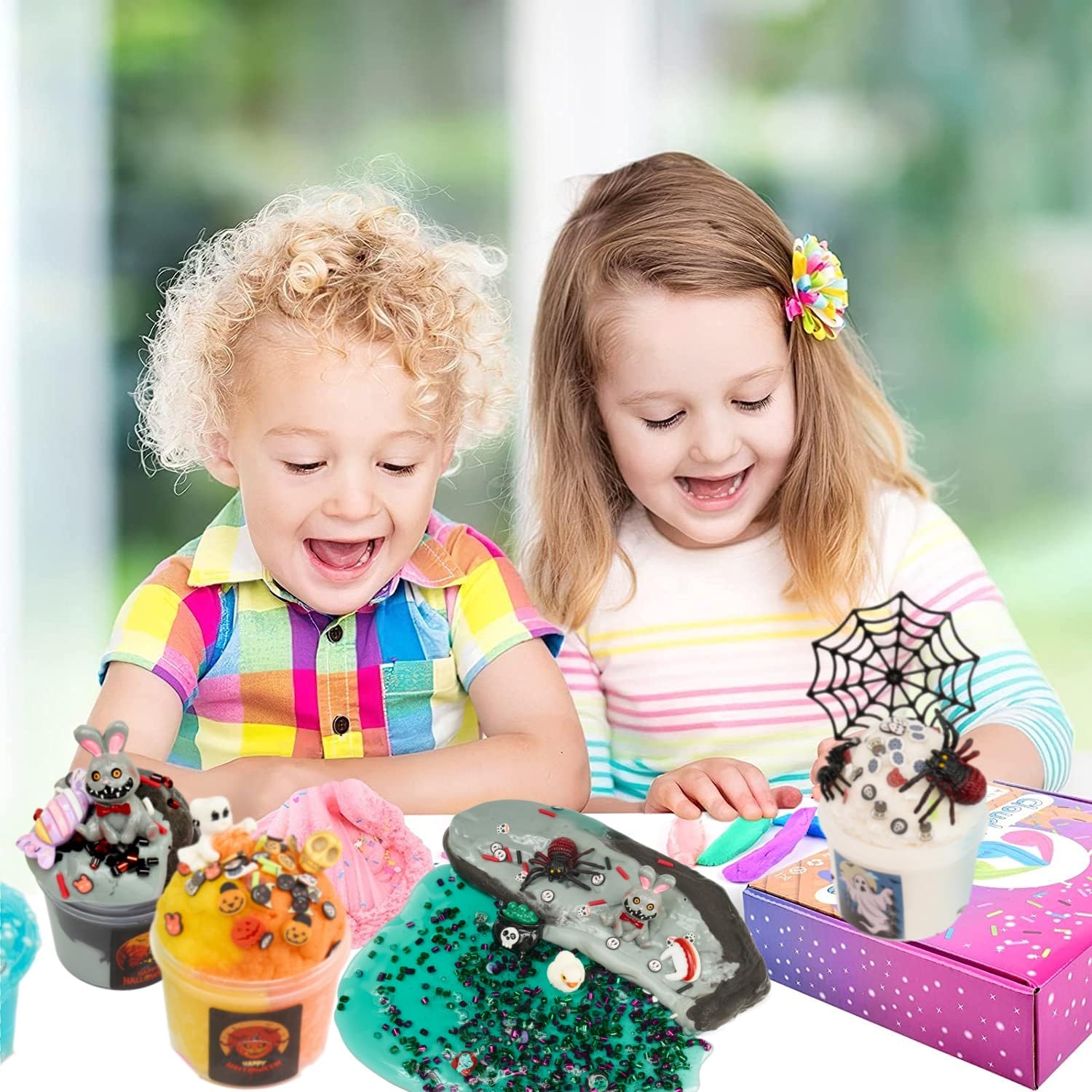 7-Pack Halloween Slime Kit: Cloud Butter Clear Slime Set with Spooky Add-ins for Kids