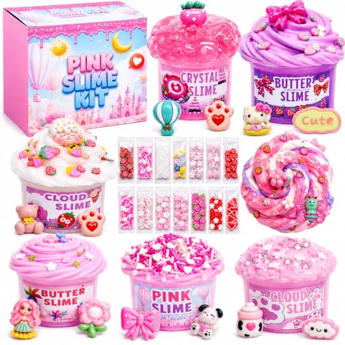 7-Pack Pink Slime Kit for Kids | Butter, Cloud & Crunchy Slimes | Non-Sticky & Soft | OPLDYRK